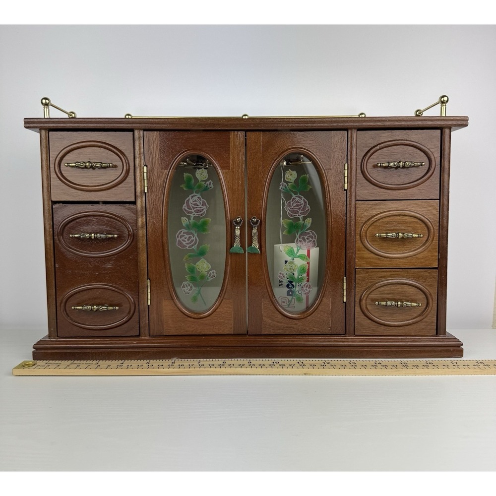 Vintage Jewelry Armoire Wood Cabinet Chest W/ Mirror Glass Door Organizer Floral